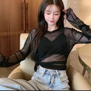 Mesh shirt top black thumbhole sexy transparent long sleeve crewneck style